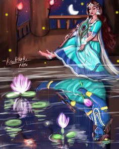 a painting of a woman sitting on top of a lily pad in front of water lilies