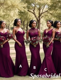 the bridesmaids are all wearing purple dresses