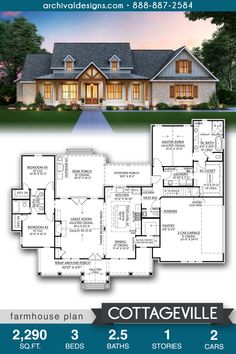 the cottage style house plan with two master suites and an open floor plan for each bedroom