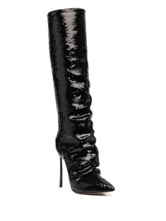 sequin-embellished leather boots from CASADEI featuring black, calf leather, sequin embellishment, pointed toe, knee-length, signature Blade heel, high heel, branded leather insole, leather sole and 130mm heel. This item is in size 37½ and the color is Casadei Boots, Leather Heel Boots, Sequin Boots, Leather Heeled Boots, Latest Fashion Design, Moon Boots, Boot Brands, Online Fashion Stores, Heel Boots