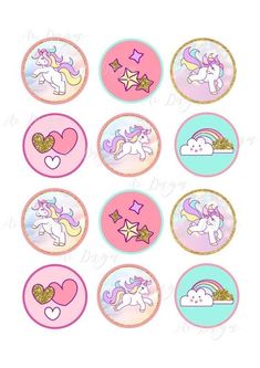 unicorn cupcake toppers with hearts, stars and clouds on the bottom one is pink