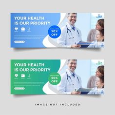 two medical banners with an image of a doctor and patient on the front, one is blue