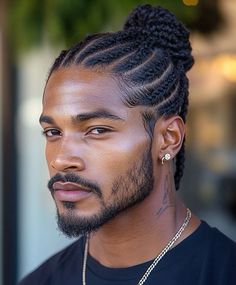 Messy Top Knot Bun, Formal Braids, Rockstar Hairstyles, Black Men Cornrows, Black Man Haircut Fade, Messy Top Knot, Men Cornrows, Mens Twists Hairstyles, Taper Fade Curly Hair