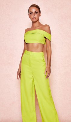 DescriptionCombined with the matching 'Melissa' off shoulder bandeau top. 'Marsha' forms one of our most dazzling co-ord sets. Tailored from stretch cady crepe. 'Marsha' have a high waist fit with flowing wide legs. They have a smooth silhouette. snatch the waist and have a figure hugging fit over the hips. Fully lined. as you've come to expect from us. they give a sleek finish. Style yours as our designers intended with the 'Melissa' off shoulder bandeau top. Made from stretch crepe. Fully line Chic Off-shoulder Spring Sets, Chic Off-shoulder Summer Sets, Elegant Off-shoulder Sets For Spring, Elegant Off-shoulder Spring Sets, Green Elastane Summer Bottoms, Green Elastane Bottoms For Summer, Chic Fitted Off-shoulder Set, Fitted Off-shoulder Summer Set, Evening Cropped Elastane Crop Top