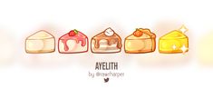 five different types of cakes are arranged in a row with the words, ayeethh by