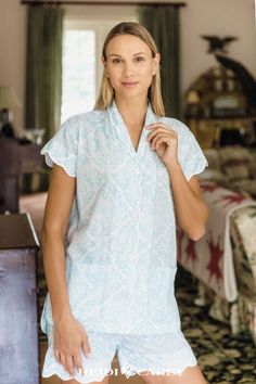 My ice blue filigree print short-sleeve pajama set is crafted to be comfy and perfect for hot nights and hot sleepers! Each pair of pajamas begins as a print carved into wood and dipped in rich ice blue to be printed on comfy lightweight cotton Light Blue Short Sleeve Sleepwear For Lounging, Light Blue Short Sleeve Sleepwear For Loungewear, Light Blue Short-sleeve Sleepwear, Blue Short Sleeve Sleepwear, Light Blue Short Sleeve Sleepwear, Blue Short Sleeve Comfortable Sleepwear, Light Blue Cotton Short Sleeve Sleepwear, Light Blue Short Sleeve Sleep Tops, Light Blue Short Sleeve Top For Bedtime