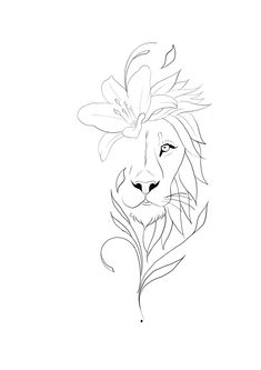 a black and white drawing of a lion's head with leaves on its forehead