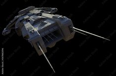 Science fiction illustration of a spaceship carrier vessel, isolated on black in close-up angled view, 3d digitally rendered illustration by Algol Designs on Adobe Stock Close Up