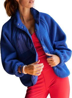 Perfect to layer over activewear or streetwear, this fleece jacket features a button-up front with cool zippered pocket details. Fit & Design: Easy, slouchy silhouette that hits right at the waist Fuzzy fleece, warm with room to layer underneath Nylon patches Zipper pockets Button-front closure Elastic cuffs Hit The Slopes Fleece Jacket, Hiking Trips, Dresses Fancy, Free People Activewear, Fp Movement, Maxi Dresses Casual, Pajama Bottoms, Midi Maxi Dress, Shirt Accessories