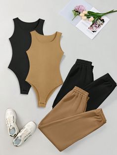 Women's Round Neck Tank Bodysuit And Pants Set Multicolor Casual  Sleeveless Knitted Fabric Plain  Slight Stretch  Women Clothing, size features are:Bust: ,Length: ,Sleeve Length: Fashion Product Photography Clothing, Baddie Clothes, Adrette Outfits, Winter Mode Outfits, Cute Nike Outfits, Tank Bodysuit, Shein Outfits