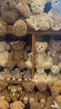 a bunch of teddy bears that are on a shelf