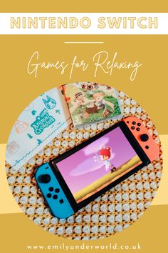 the nintendo switch game for relaxing on a wicker table with pictures and text overlay