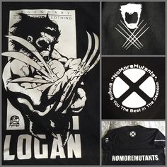 four different t - shirts with wolverine and iron man logos on them, all in black and white