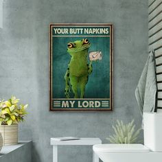 All pleasure is ours to have your attention on our finest canvas! This product is one of the indispensable items to highlight your room with impression and luxury. Also, it is such an excellent idea to make it a gift to your dearest ones! | Trinx Frog - Your Napkins, My Lord Gallery Wrapped Canvas - Bath & Laundry Animal Illustration Decor in Brown, Size 14.0 H x 11.0 W x 2.0 D in Black Bathroom Artwork, Fun Bathroom Decor Unique, Fun Art Decor, Small Bathroom Decor Themes, Lesbian Bathroom Decor, Silly Bathroom Decor, Garden Bathroom Decor, Funny Bathroom Paintings, Green Bathroom Art