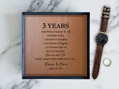 This leather anniversary gift can be customized with any custom wording. The sample picture is 3 years countdown to celebrate this milestone together and you can easily customize it with your names and special date. Or use your own wording. Wedding vows, first dance song lyrics, a poem. The genuine leather placed in a black metal tray enhances the overall elegance and sentiment of this special gift. Leather is strong, flexible, durable, warm and above all, resilient  material which represents a 3 Year Anniversary, Leather Anniversary Gift, Leather Anniversary, Leather Tray, Anniversary Gift For Him, Anniversary Ideas, Personalized Leather, Year Anniversary, Gift For Him