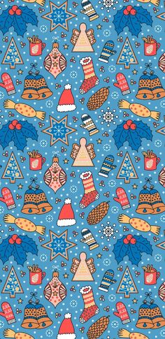 a blue background with christmas hats and other items on it's surface, all in different colors