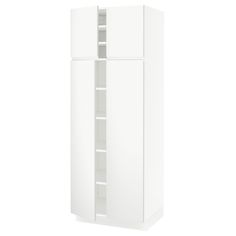 a tall white cabinet with two doors and shelves on the bottom, in front of a white background