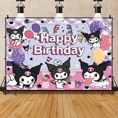 an image of a birthday banner on the wall with balloons and cats in it,