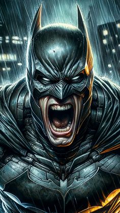 an image of batman in the rain with his mouth open and teeth wide open,