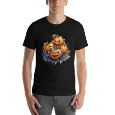 Looking for a spooky Halloween shirt that will make you stand out from the crowd? Look no further than our men's pumpkin shirt! Made with a graphic of evil pumpkins this shirt is perfect for any fan of the holiday. Whether you're dressing up for a party or just hitting the town, our men's Halloween shirt is sure to turn heads. So what are you waiting for? Add it to your shopping cart today! This t-shirt is everything you've dreamed of and more. It feels soft and lightweight, with the right amount of stretch. It's comfortable and flattering for all.  * 100% combed and ring-spun cotton (Heather colors contain polyester) * Fabric weight: 4.2 oz./yd.² (142 g/m²) * Pre-shrunk fabric * Side-seamed construction * Shoulder-to-shoulder taping * Blank product sourced from Nicaragua, Mexico, Honduras Horror Halloween Shirt With Short Sleeves, Mens Halloween Shirts, Horror Movie Night, Jumpsuit And Cardigan, Evil Pumpkin, Pumpkin Spice Shirt, Fall Gathering, Pumpkin Face, Pumpkin Shirt