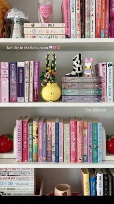 the bookshelf is filled with many different types of children's books and toys