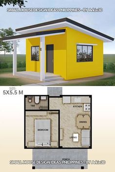 the small house is yellow and has two windows on each side, and an open floor plan