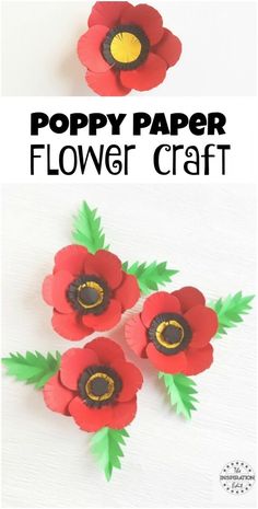 poppy paper flower craft with text overlay that says poppy paper flower craft on white background