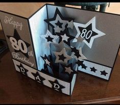 an opened birthday card with stars and numbers on the inside, sitting on a table