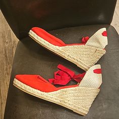 Ankle Wrap Espadrille Wedges Size 11 Red Round Toe Heels For Spring, Spring Red Round Toe Heels, Red Ankle-high Heels For Summer, Casual Red Heels For Spring, Spring Ankle-high Heels With Red Sole, Red Ankle Strap Casual Heels, Red Casual Ankle Strap Heels, Casual Red Heels With Ankle Strap, Casual Red Ankle Strap Heels