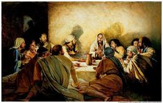 a painting of jesus talking to people around a table