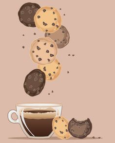 cookies falling into a cup of coffee with chocolate chip cookies coming out of the mug