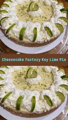 two pictures of a cheesecake with limes on top and the same pie in front