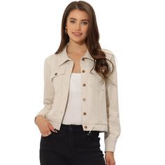 This faux suede moto jacket features a crop design, snap buttons, and a spread collar adding a fashionable and classic feel. Crop length and button-up in soft faux suede fabric create a comfortable and classical piece for casual, work, holiday, and weekend wear. This jacket is versatile for daily wear in cool fall and winter. Style it with jeans and casual top and boots for a fashionable look. Wear it open front or button up to finish a casual and stylish look. Faux Suede Moto Jacket, Moto Biker Jacket, Jacket Beige, Suede Moto Jacket, Faux Suede Fabric, T Shirt And Jeans, Weekend Wear, Chic Woman, Moto Jacket