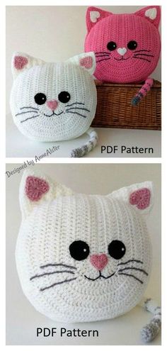 two crocheted purses with cats on them, one in pink and the other in white