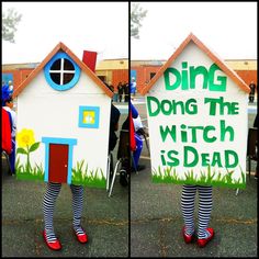 two pictures of people holding signs in front of their houses that read ding, don't the witch is dead