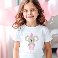 Cute Birthday Koala; choose one of our birthday Koala numbers 3 yrs - 8 yrs, and we will print this design especially for you onto one of our kids white short sleeved cotton t-shirts. Personalise with a name and make it extra special. ♥ A lovely gift for young Koala lovers. Available Colours; White only Sizing: 3-4 yrs, 5-6 yrs, 7-8 yrs, 9-11 yrs Design printed in the UK 📦 Delivered by Royal Mail Tracked 48 for mainland UK. For more information on processing times and shipping for UK, US, AU, C Playful Pink T-shirt For Birthday, Playful Pink T-shirt For Party, Pink Playful T-shirt For Parties, Cute White Top For Birthday Gift, Cute Pink T-shirt For Birthday Gift, Koala Gifts, Koala Birthday, Koala Shirt, Cute Birthday