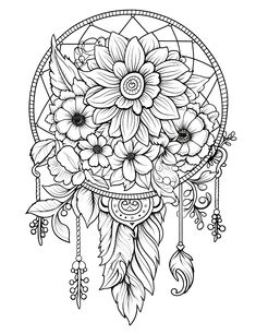 a black and white drawing of flowers in a dream catcher