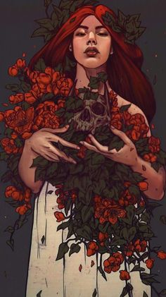 a woman with red hair holding a skull in her hands and flowers around her neck