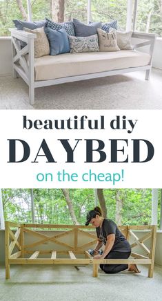 a woman sitting on a bench with the words beautiful diy daybed on the cheap