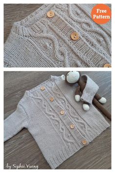 two pictures showing the same sweater with buttons on it and an image of a stuffed monkey