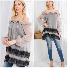 Brand New Ryu Taupe Chiffon Off The Shoulder, Lace Embellishments, Long Sheer Sleeves Tunic. This Tunic Is Gorgeous. Pictures Do Not Do It Justice. Just Beautiful. Lowball Offers Ignored Sheer Chiffon Flowy Blouse, Sheer Flowy Chiffon Blouse, Sheer Flowy Chiffon Top, Spring Chiffon Tops With Lace Trim, Chiffon Tops With Lace Trim For Spring, Off-shoulder Chiffon Blouse For Party, Chiffon Blouse With Lace Trim For Spring, Elegant Chiffon Blouse With Lace Trim, Elegant Chiffon Top With Lace Trim