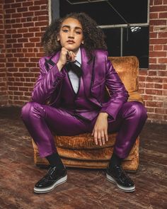 Butch Outfits, Purple Prom Suit, Japanese Suit, Purple Tuxedo, Creative Black Tie, Clothes Dye, Purple Suit, Vest And Bow Tie, Black Tie Attire