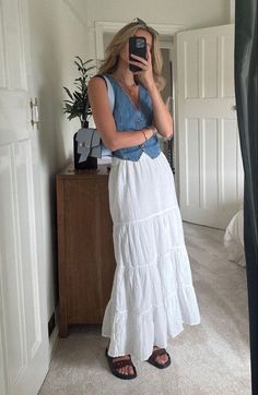 How To Style White Skirt Long, Tiered Denim Skirt Outfit, Childcare Outfit Ideas, Modest Hot Weather Outfits, Portugal Outfits Spring, Scandinavian Summer Style, Modest Country Outfits, Montana Outfits Summer, Double Date Outfit