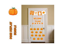 a door decorated with pumpkins and welcome sign