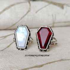 Moonstone & Garnet Coffin Shape Ring, Handmade Ring, Silver Ring, 925 Sterling Silver Ring, 15X20 mm Gemstone Ring, Coffin Ring, Gift For Her, Garnet Bohemian Ring, Jewelry, Solid 925 Sterling Silver Ring, Women Ring, Metal :- Sterling Silver 925 Gemstone :- Garnet , Moonstone Stone Shape :- Coffin Shape 15x20 mm Stone Color :- Red , White Style : Statement Ring All my Designs are original ✓ All Size Available Each stone is set professionally - Real Jewelry artisan work You will receive a Ring l Vampire Jewelry Rings, Coffin Shaped Ring, Coffin Wedding Ring, Coffin Engagement Ring, Coffin Rings, Goth Rings, Coffin Jewelry, Coffin Ring, Bohemian Ring