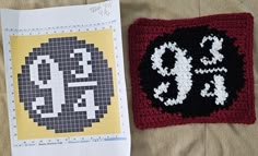 a crocheted square next to a piece of paper with the number 39 on it