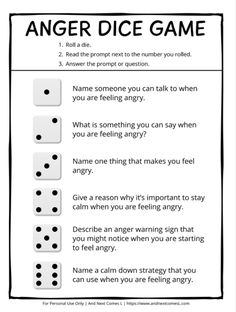 Anger Management Group Activities, Psychological Games Activities, Letting Go Activities For Adults, Emotional Intelligence Activities Adults, Anger Dice Game, Anger Management Group Activities For Adults, Psychoeducational Groups Activities, Mental Health Group Activities For Teens, Teen Counseling Activities