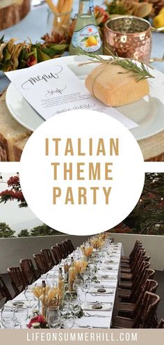 an italian theme party with food and drinks on the table, along with menus