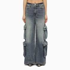 Blue cotton denim cargo jeans from Amiri featuring a front zip and button fastening, belt loops, five classic pockets, large cargo patch pockets with leg flaps and a back logo patch. Amiri Jeans, Denim Cargo, Jeans Cargo, Confident Woman, Cargo Jeans, Emilio Pucci, Colored Denim, Denim Pant, Denim Blue