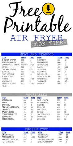 the free printable air fryer cook times list